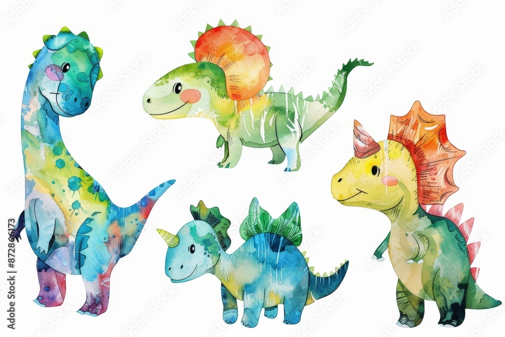 An isolated white background contains a set of colorful dinosaurs painted in watercolor. An isolated white background contains a set of colorful dinosaurs painted in watercolor.