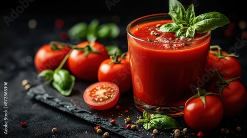 A vibrant glass of fresh tomato juice, garnished with a sprig of basil. In the background, whole ripe tomatoes and fresh basil leaves enhance the rich, natural look of the scene.