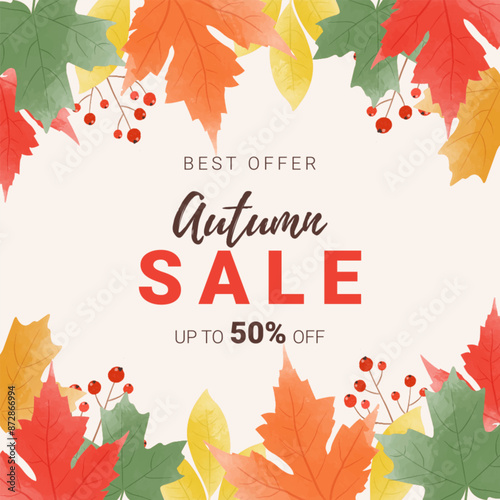 Autumn sale background layout decorated with watercolor leaves