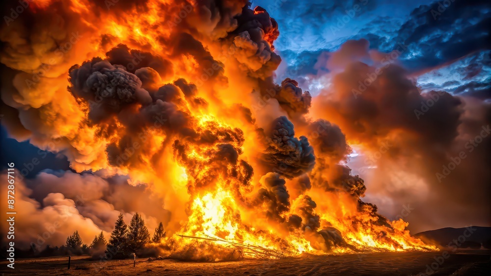 A dramatic photo of fire and billowing smoke in a nighttime setting , flames, inferno, blaze, heat, danger, destruction A dramatic photo of fire and billowing smoke in a nighttime setting , flames, inferno, blaze, heat, danger, destruction