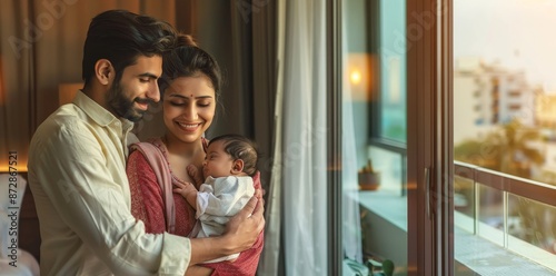 A young Asian couple holds their newborn baby in their arms.