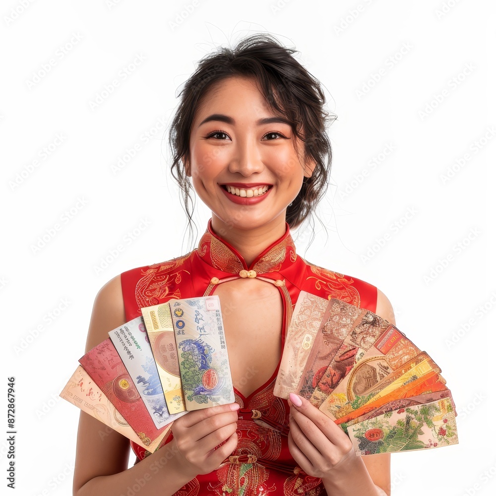 She wears a traditional cheongsam dress and holds red envelopes or Ang Paos She wears a traditional cheongsam dress and holds red envelopes or Ang Paos