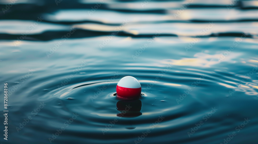 Close-up of red and white fishing float bobber with lake water ripple Close-up of red and white fishing float bobber with lake water ripple