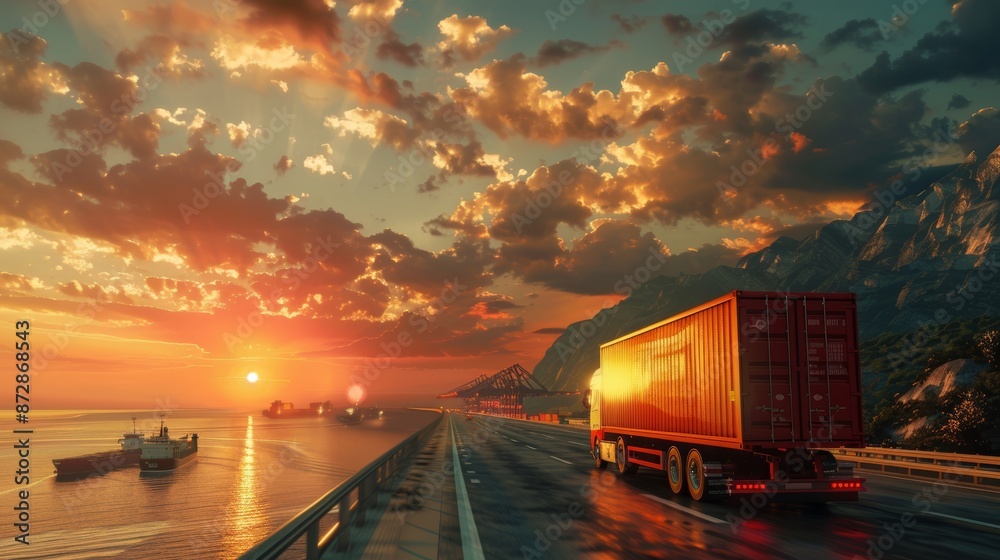 Obraz premium The logistics industry is diverse with background in imports and exports of containers, freight ships, cargo planes, trucks transporting containers from ports to their destinations