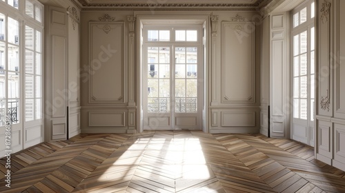 A spacious living room with white walls and laminate flooring with doors leading to a balcony