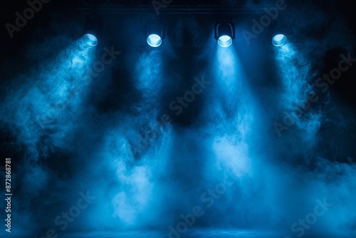 Atmospheric blue light illuminating stage amidst billowing smoke. Stadium cloudiness projector, Generative, AI generated