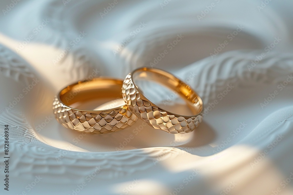 Wedding rings made of gold displayed on the white surface. Ai generative Wedding rings made of gold displayed on the white surface. Ai generative