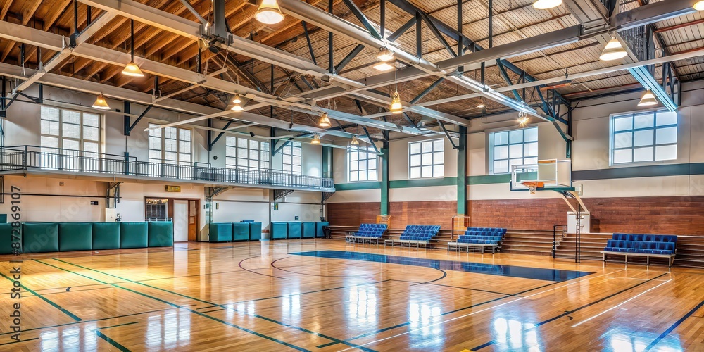 Empty school gymnasium with basketball hoops and bleachers , spacious, gym, high school, indoor, basketball hoops Empty school gymnasium with basketball hoops and bleachers , spacious, gym, high school, indoor, basketball hoops