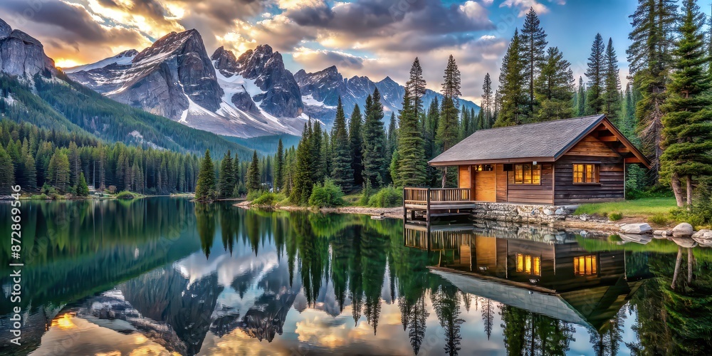 Naklejka premium Serene mountain cabin by a lake nestled among pine trees and snow-capped peaks, serene, mountain, cabin, lake