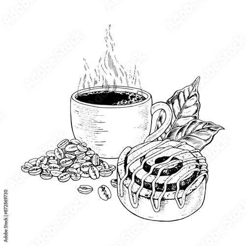Coffee Cup with cinnamon bun. Vector hand drawn illustration. Espresso with sweet pastry. Vintage black line art drawing with white backgrounds. Food sketch for design. Print for the kitchen or bakery