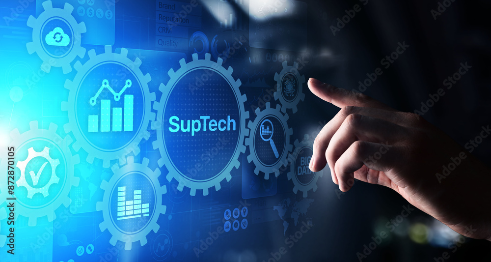 Suptech Regtech Supervisory Regulation technology concept on virtual screen. Suptech Regtech Supervisory Regulation technology concept on virtual screen.