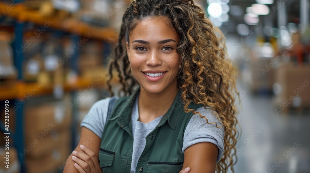 Smiling Female Warehouse Worker In Green Vest Smiling Female Warehouse Worker In Green Vest