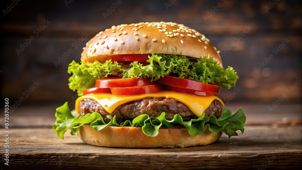 Delicious homemade hamburger with juicy patty, melted cheese, lettuce, and tomatoes on a sesame seed bun, food, burger Delicious homemade hamburger with juicy patty, melted cheese, lettuce, and tomatoes on a sesame seed bun, food, burger