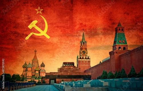 The Moscow Kremlin against the background of the USSR flag. Symbol of socialism, communism and the Soviet Union. Empire of evil. Historical collage.