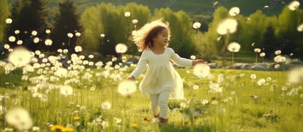 Little Girl Running Through a Field of Dandelions Little Girl Running Through a Field of Dandelions