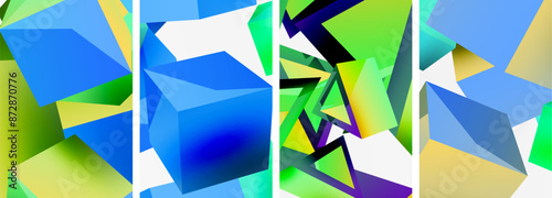 Flying 3d shapes, cubes and other geometric elements background design for wallpaper, business card, cover, poster, banner, brochure, header, website