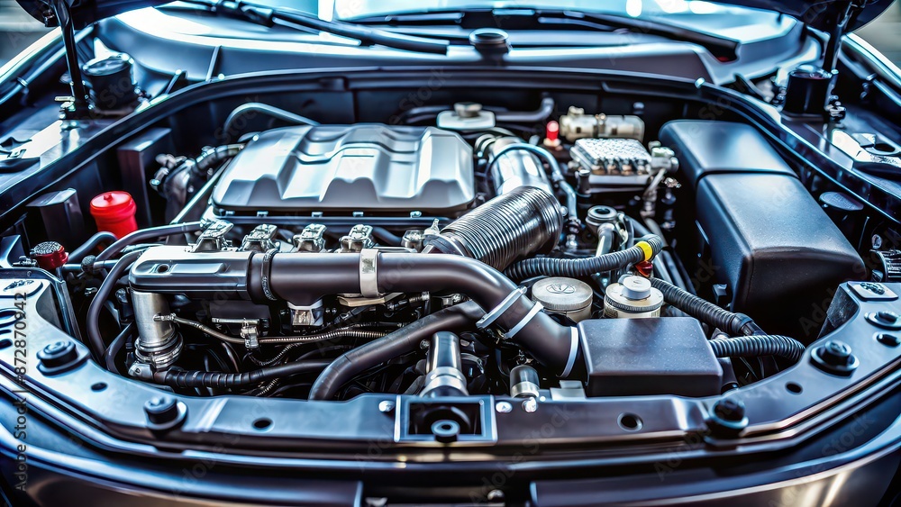 Close up of a powerful engine under the hood of a car, engine, high performance, automotive, motor, close up, detail Close up of a powerful engine under the hood of a car, engine, high performance, automotive, motor, close up, detail