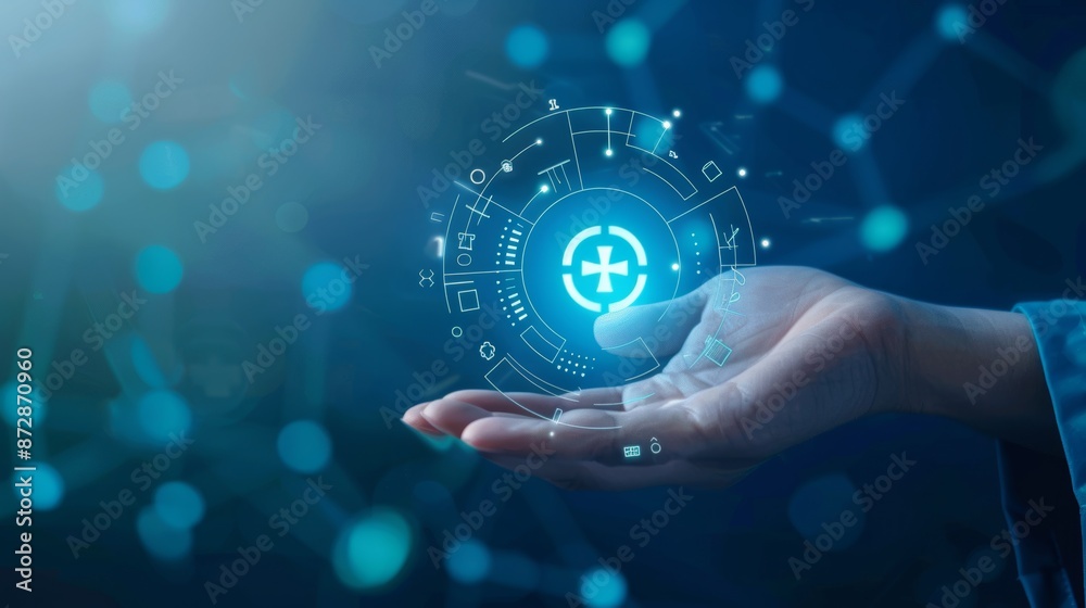 A pyramid-like arrangement of medical symbols made of hexagons, with a hand holding the top element. Digital technology in patient care, AI integration in pharmacy operations, futuristic pharmacy