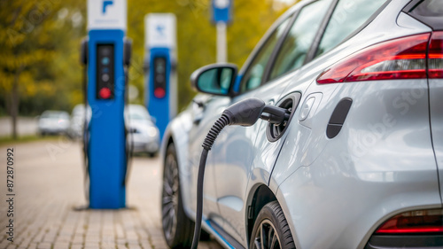 Wallpaper Mural Rear view of an electric car with charging socket and connected charging cable, electric charging points in the background, concept of green energy from sustainable sources Torontodigital.ca