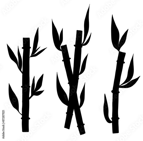 Set of bamboo branch with leaves in silhouette style