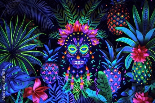 Vibrant Dia de los Muertos-themed illustration with colorful skulls and festive flowers, showcasing cultural celebration and lively artistry in a detailed, dynamic design.