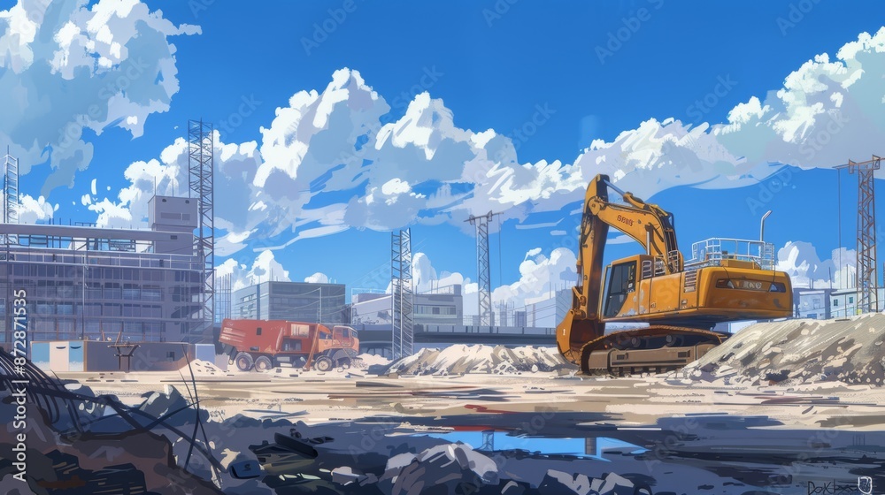 Construction site, anime style illustration Construction site, anime style illustration