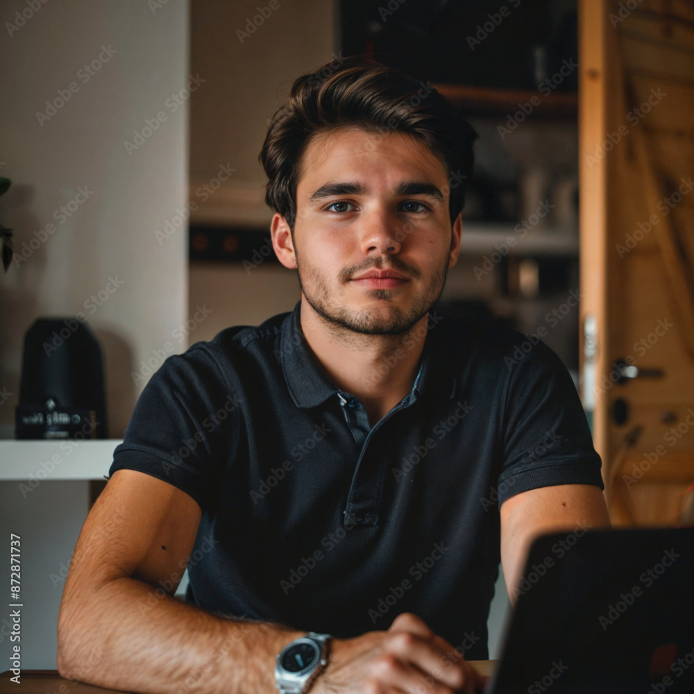 A man works at her laptop. A man works at her laptop.