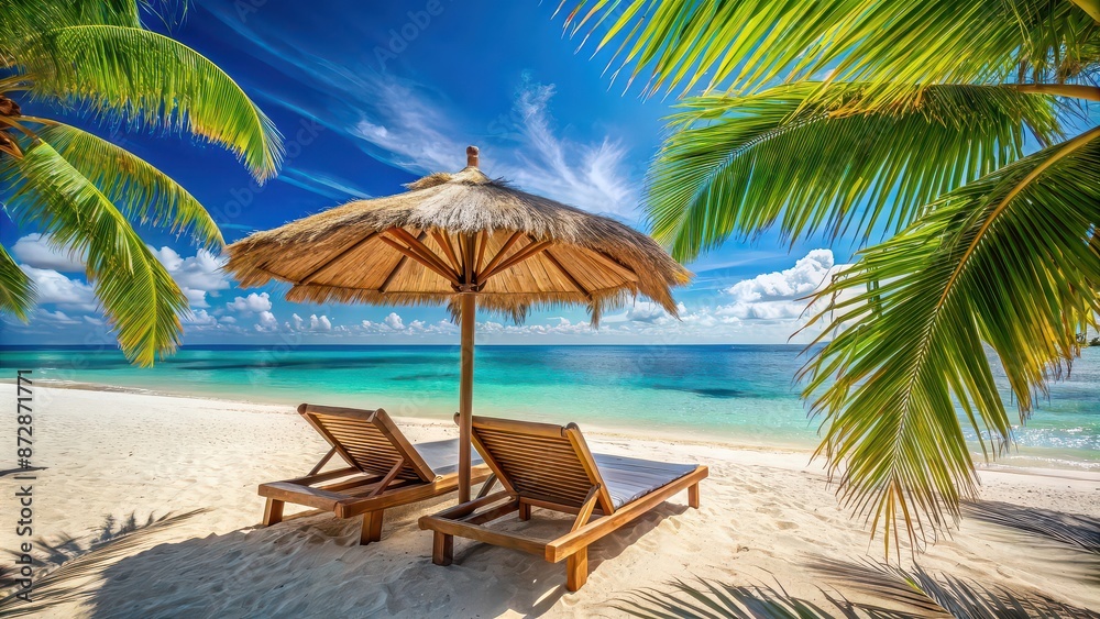Wooden sun loungers under a parasol on a pristine beach with palm fronds and a view of the tranquil sea, beach, wooden Wooden sun loungers under a parasol on a pristine beach with palm fronds and a view of the tranquil sea, beach, wooden