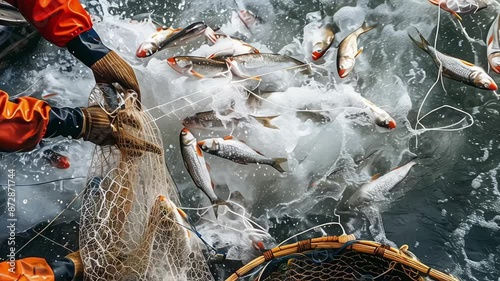 On the fisherman boat,Catching many fishes