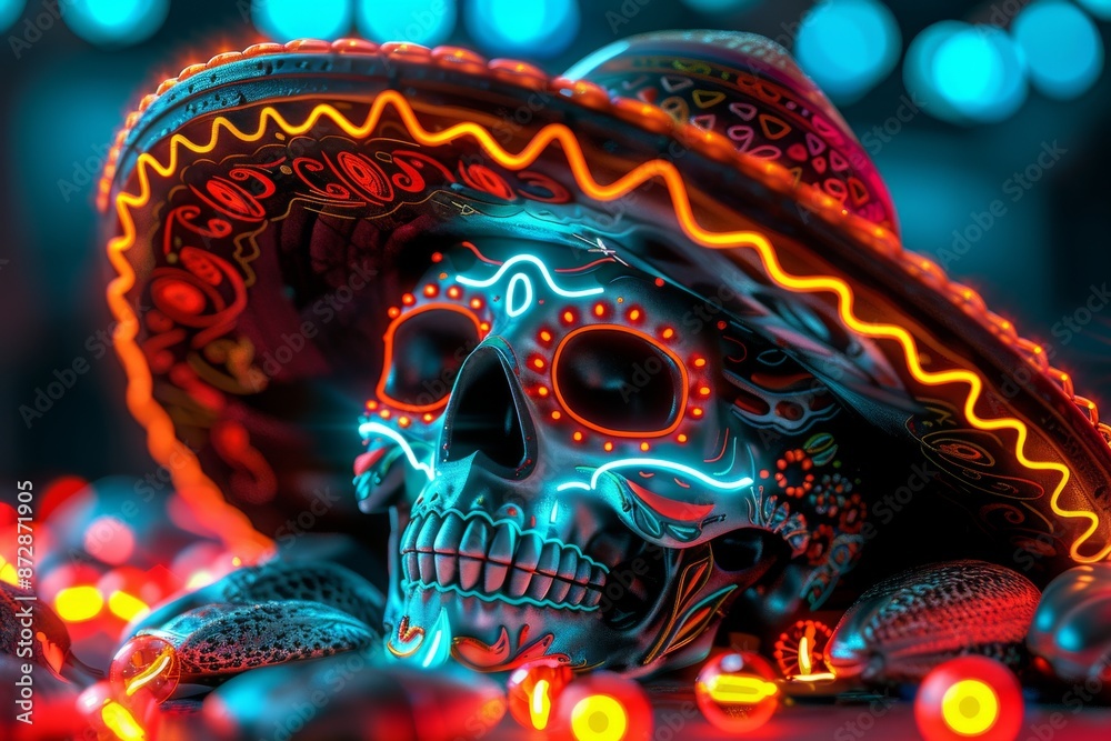 Fototapeta premium Colorful illustration of a Dia de los Muertos skull with a sombrero and vibrant patterns, showcasing cultural celebration and lively artistry in a detailed, dynamic design.