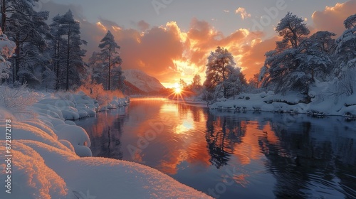 A breathtaking winter sunset captured over a snowy landscape with a river reflecting the warm hues of the sky, surrounded by snow-covered trees and mountains, creating a serene atmosphere.