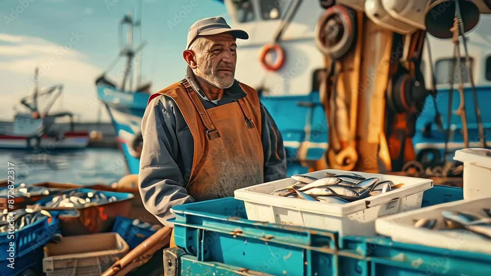 fisherman with a fish box inside a fishing boat fisherman with a fish box inside a fishing boat