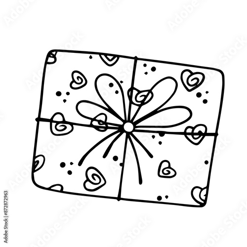Linear sketch, outline of a gift in festive packaging for Valentine's Day. Vector graphics.