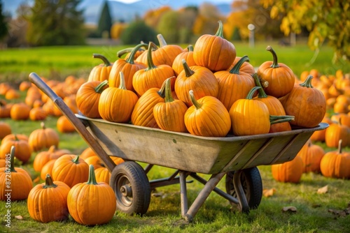 Wheelbarrow with pumpkins on an autumn landscape