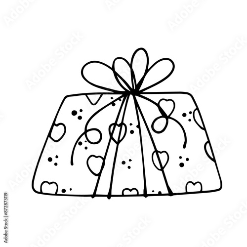 Linear sketch, outline of a gift in festive packaging for Valentine's Day. Vector graphics.