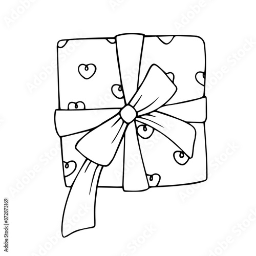 Linear sketch, outline of a gift in festive packaging for Valentine's Day. Vector graphics.