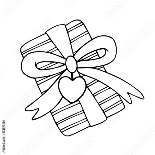 Linear sketch, outline of a gift in festive packaging for Valentine's Day. Vector graphics.