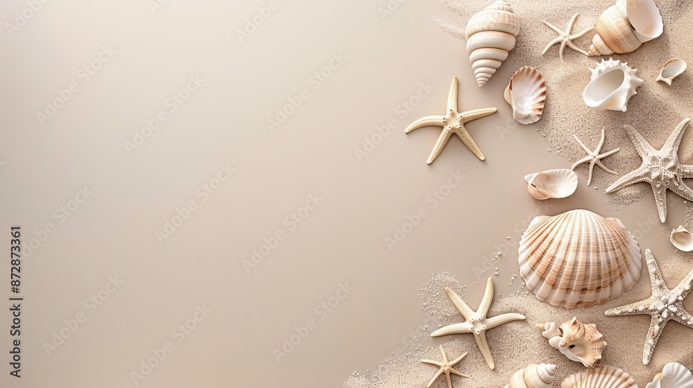 Obraz premium An elegant beach banner with a minimalist design featuring seashells and starfish on a neutral background. Travel, summer vacation concept. 