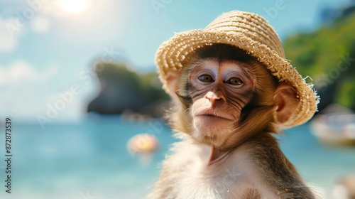 Portrait of a cute monkey in a hat on a blurred sea background. Summer holiday concept, traveling with pets.
