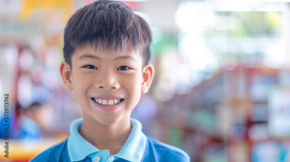 Portrait of an Asian schoolboy with a blurred classroom background. Back to school concept.
Portrait of an Asian schoolboy with a blurred classroom background. Back to school concept.
