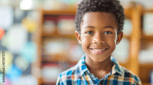 Portrait of a smiling African American schoolboy with a blurred classroom background. Back to school.  © Tatiana