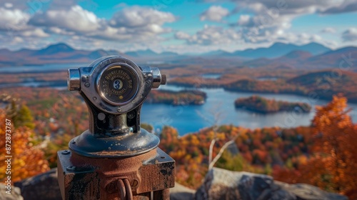 Coin-operated viewfinder overlooking scenic lake placid and majestic adirondack mountains, ideal for travel and tourism marketing, inspirational nature landscapes, and business backgrounds