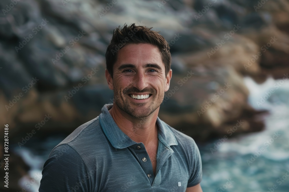 Portrait of a joyful caucasian man in his 30s wearing a sporty polo shirt in rocky shoreline background Portrait of a joyful caucasian man in his 30s wearing a sporty polo shirt in rocky shoreline background