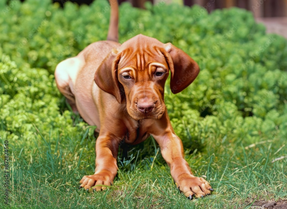 Vizslas dog in garden real photo,generated with AI. High quality photo Vizslas dog in garden real photo,generated with AI. High quality photo