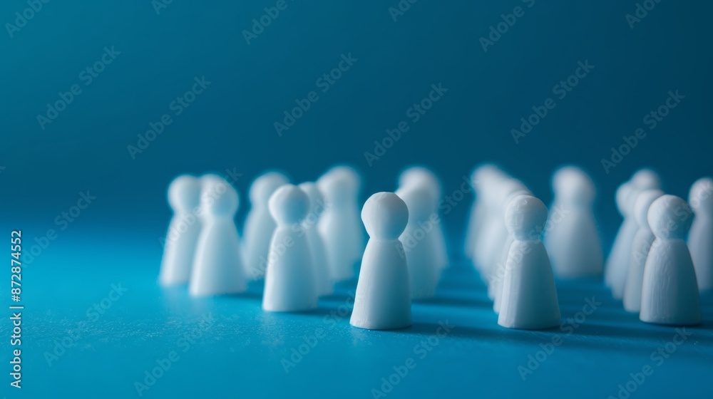 Connected network of white figurines on blue surface representing communication and marketing strategies, simplistic visual form Connected network of white figurines on blue surface representing communication and marketing strategies, simplistic visual form