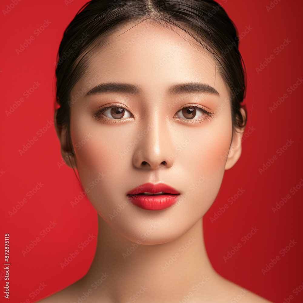 Fototapeta premium Closeup portrait of young Asian beautiful woman with Korean beauty make up style and healthy and perfect skin isolated on pink background for skincare commercial product advertising.