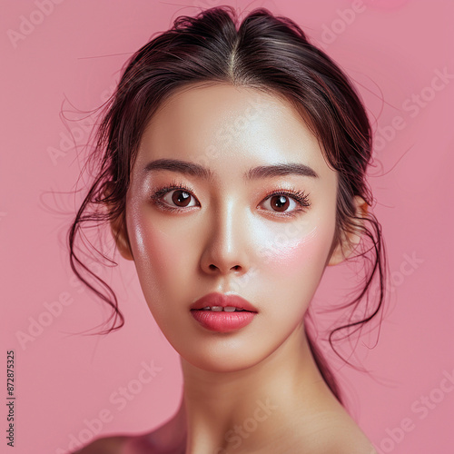 Closeup portrait of young Asian beautiful woman with Korean beauty make up style and healthy and perfect skin isolated on pink background for skincare commercial product advertising.