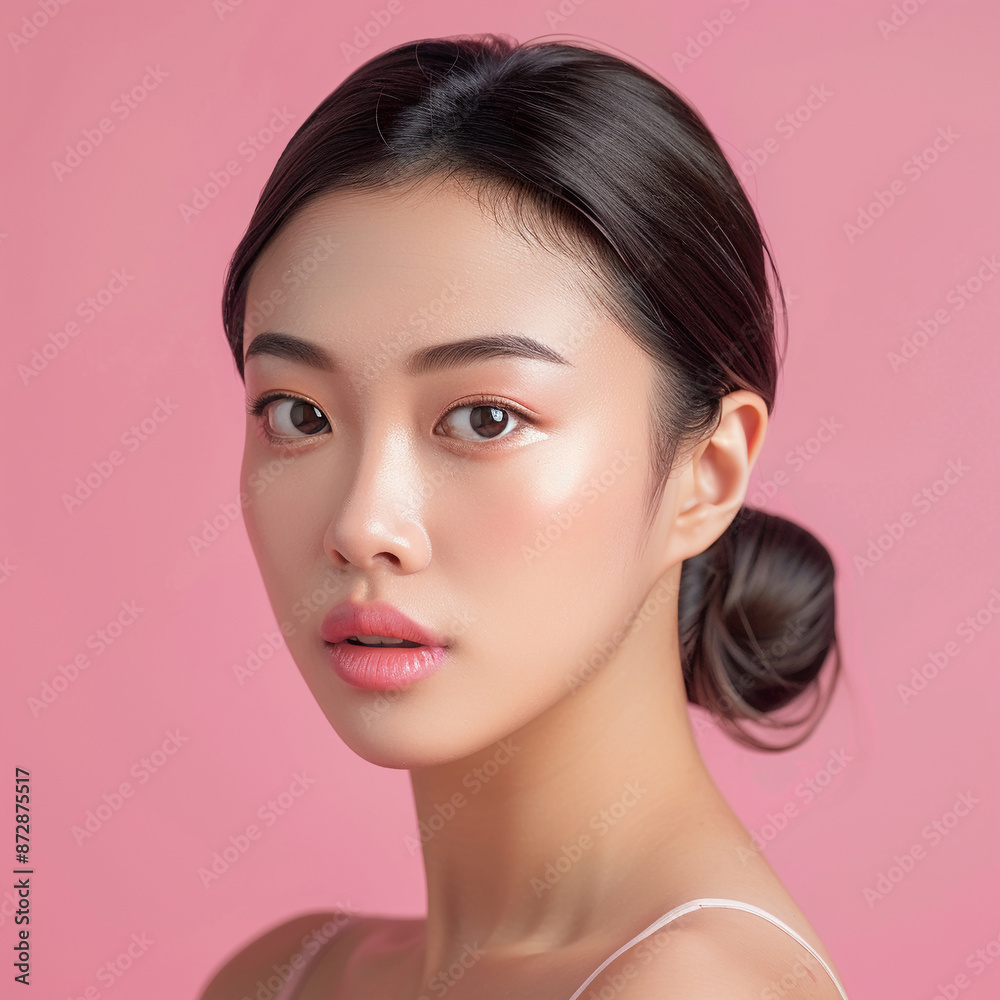 Fototapeta premium Closeup portrait of young Asian beautiful woman with Korean beauty make up style and healthy and perfect skin isolated on pink background for skincare commercial product advertising.