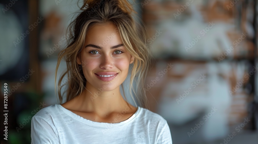 Smiling Woman With Blonde Hair in a White T-Shirt Smiling Woman With Blonde Hair in a White T-Shirt