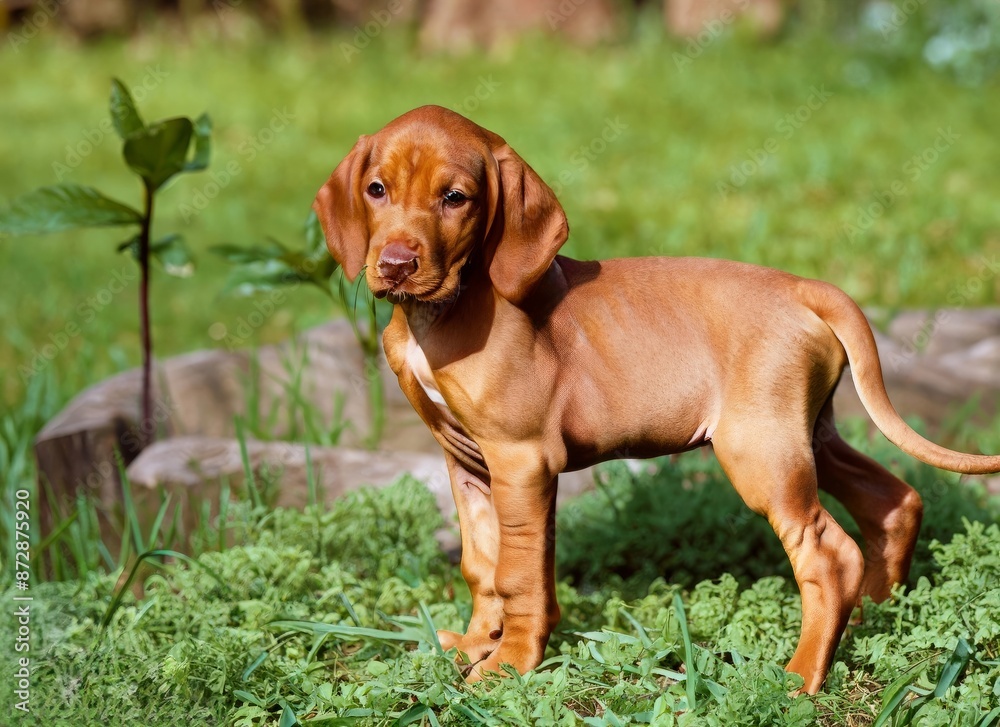 Vizslas dog in garden real photo,generated with AI. High quality photo Vizslas dog in garden real photo,generated with AI. High quality photo